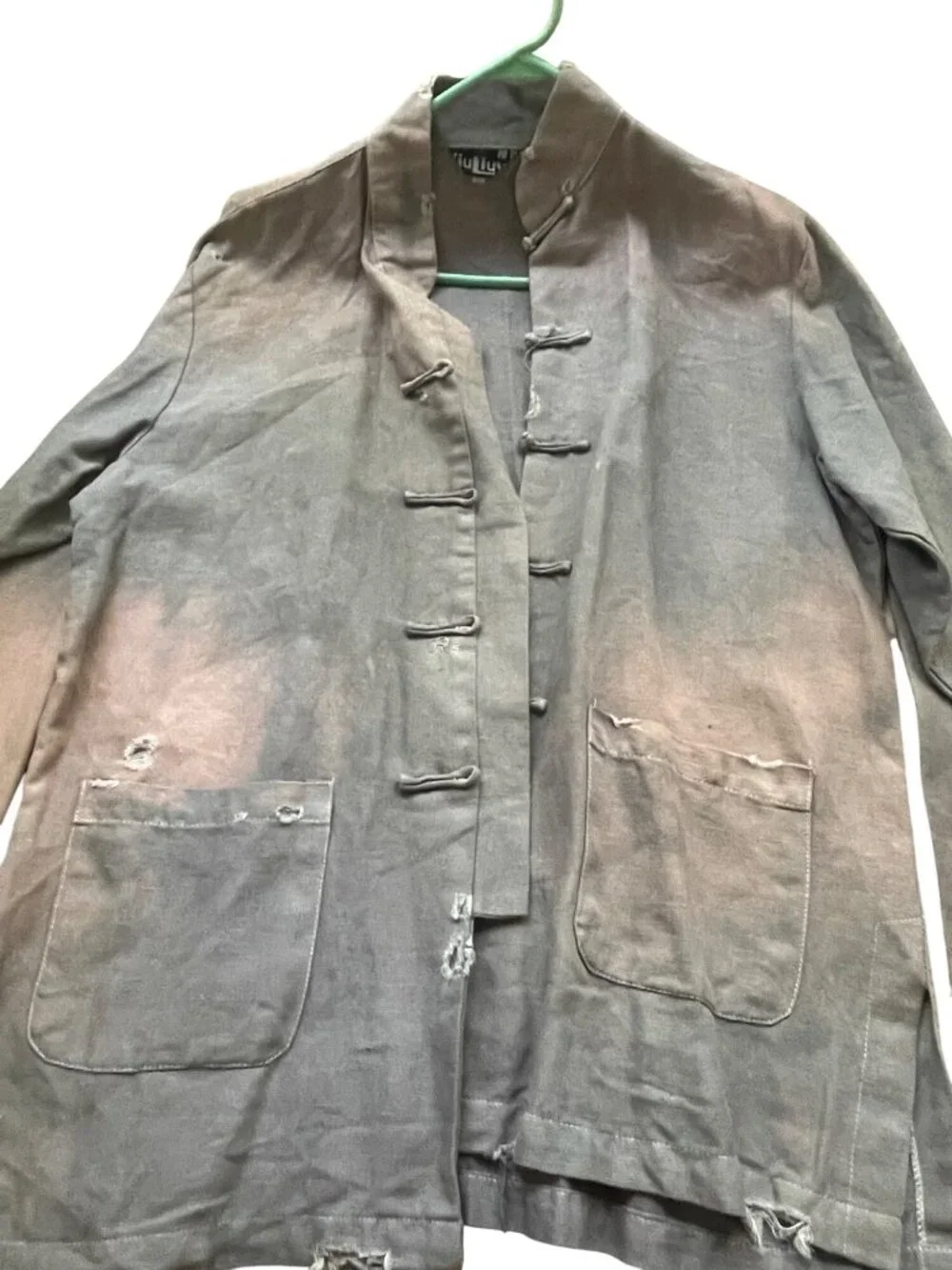 Vintage-Style Distressed Gray Jacket With Frog Closures & Pockets Medium Size Xi